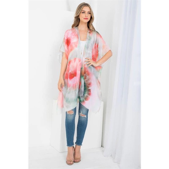 Pink Green Sunburst Print Tie Dye Open Front Kimono - Picture 3 of 6
